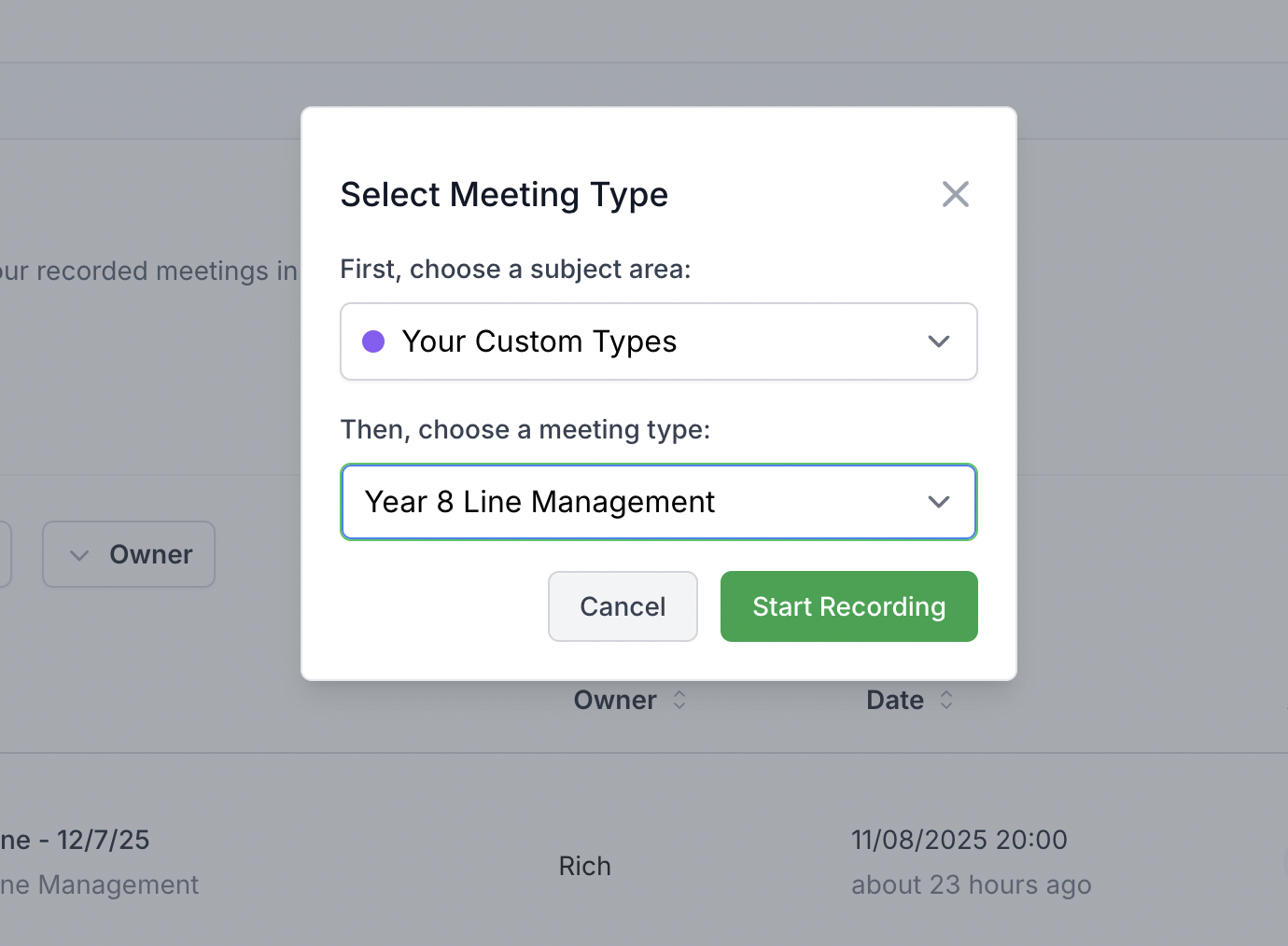 Meeting type selection